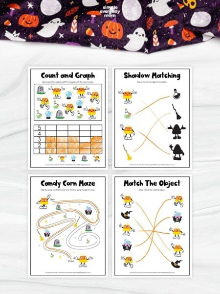 Four Halloween candy corn activity worksheets arranged in a grid: Count and Graph, Shadow Matching, Candy Corn Maze, and Match the Object. The completed worksheets feature orange markings connecting matches, filling the graph, and tracing the maze path.