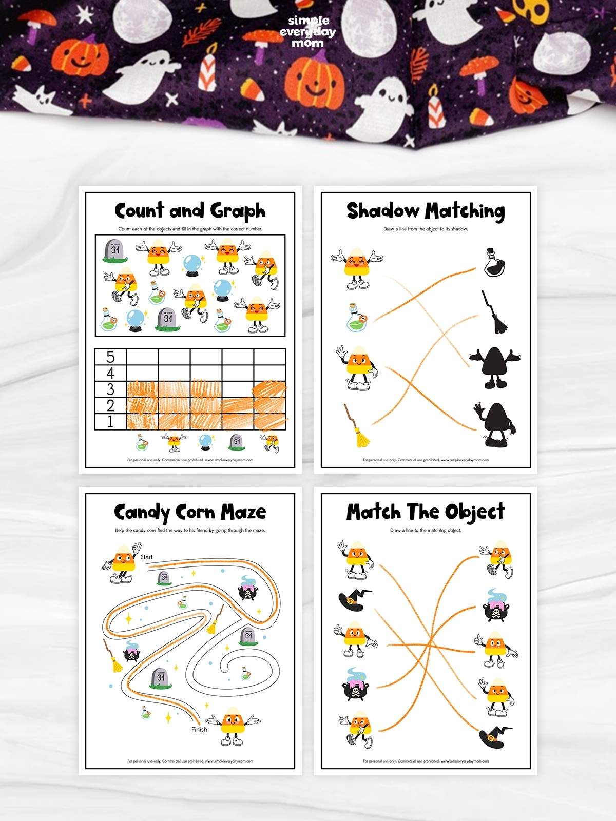 Four Halloween candy corn activity worksheets arranged in a grid: Count and Graph, Shadow Matching, Candy Corn Maze, and Match the Object. The completed worksheets feature orange markings connecting matches, filling the graph, and tracing the maze path.