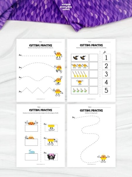 Collage of Candy Corn Cutting Practice Printables with Halloween counting, matching, and scissor skills activities for preschoolers.