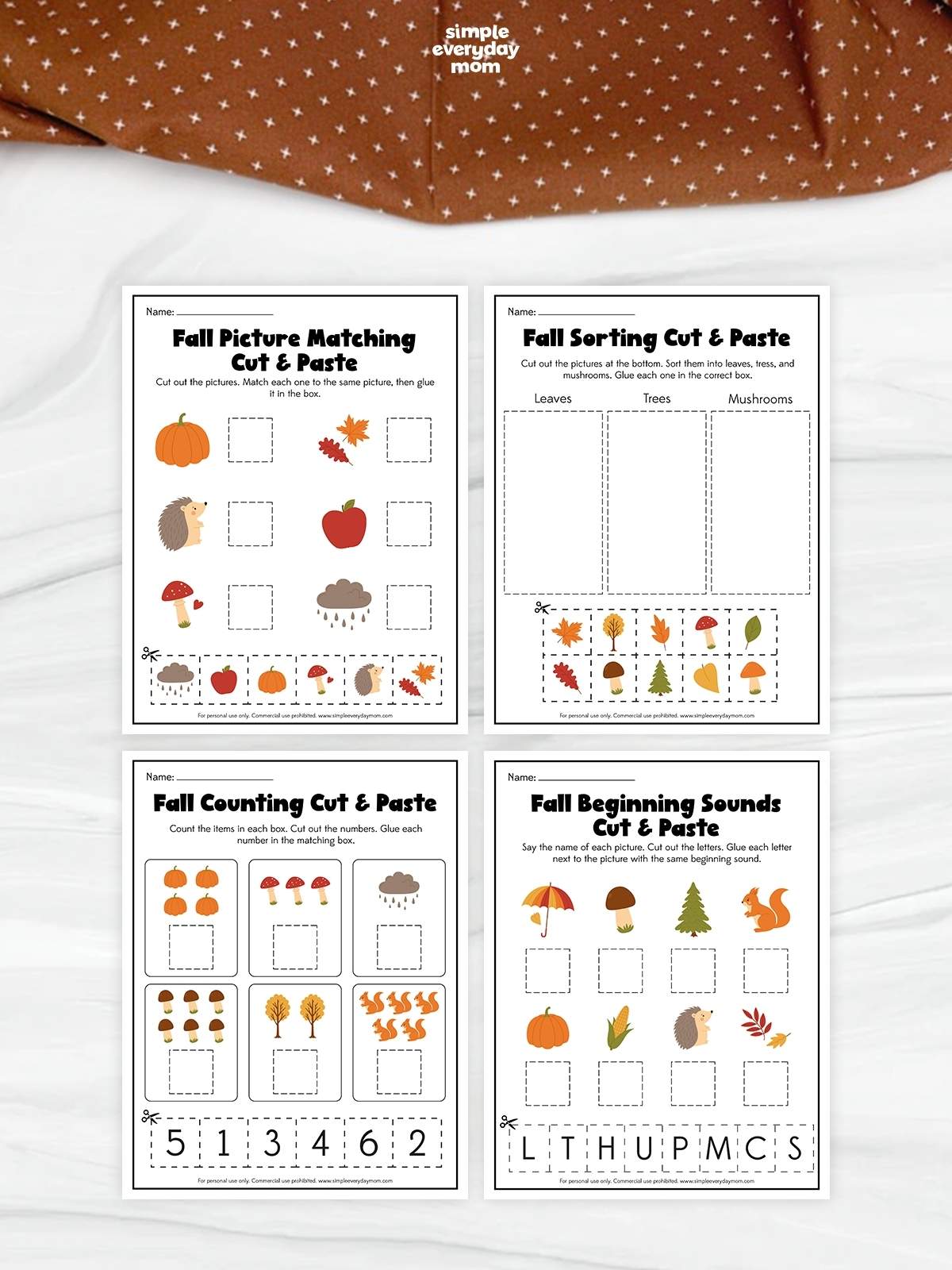 Collage of four printable fall worksheets for kindergarten with picture matching, sorting, counting, and beginning sounds cut and paste activities.