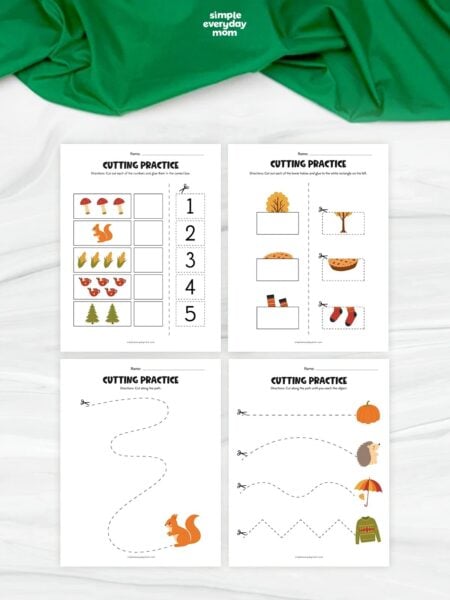 Collage of four fall cutting practice worksheets featuring counting, picture matching, and different scissor cutting paths.
