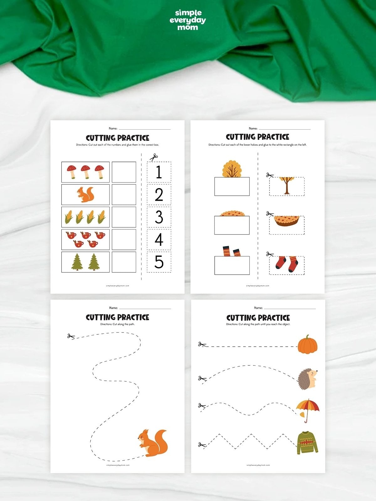 Collage of four fall cutting practice worksheets featuring counting, picture matching, and different scissor cutting paths.