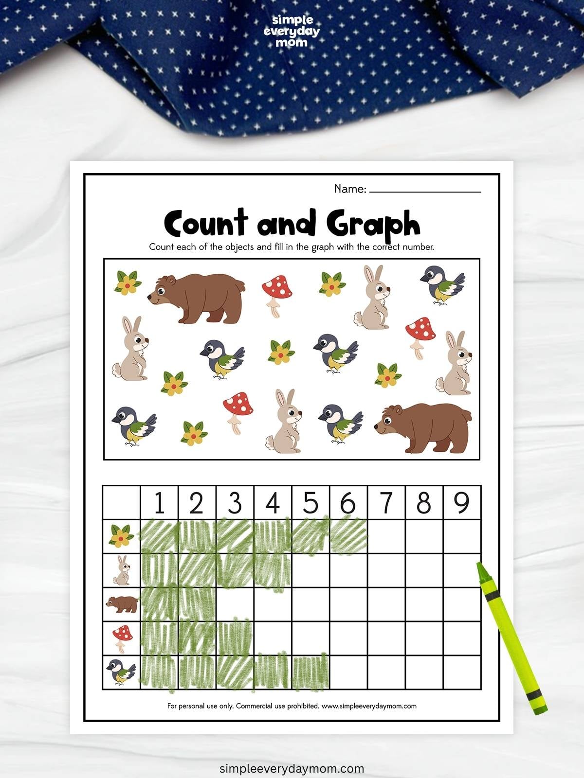 Woodland animal count-and-graph worksheet with flowers, rabbits, bears, mushrooms, and birds, with a green-shaded graph showing the number of each item.