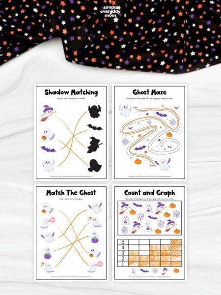 Four printable ghost activity worksheets featuring shadow matching, a Halloween maze, ghost matching, and counting and graphing for kindergarten learning practice.