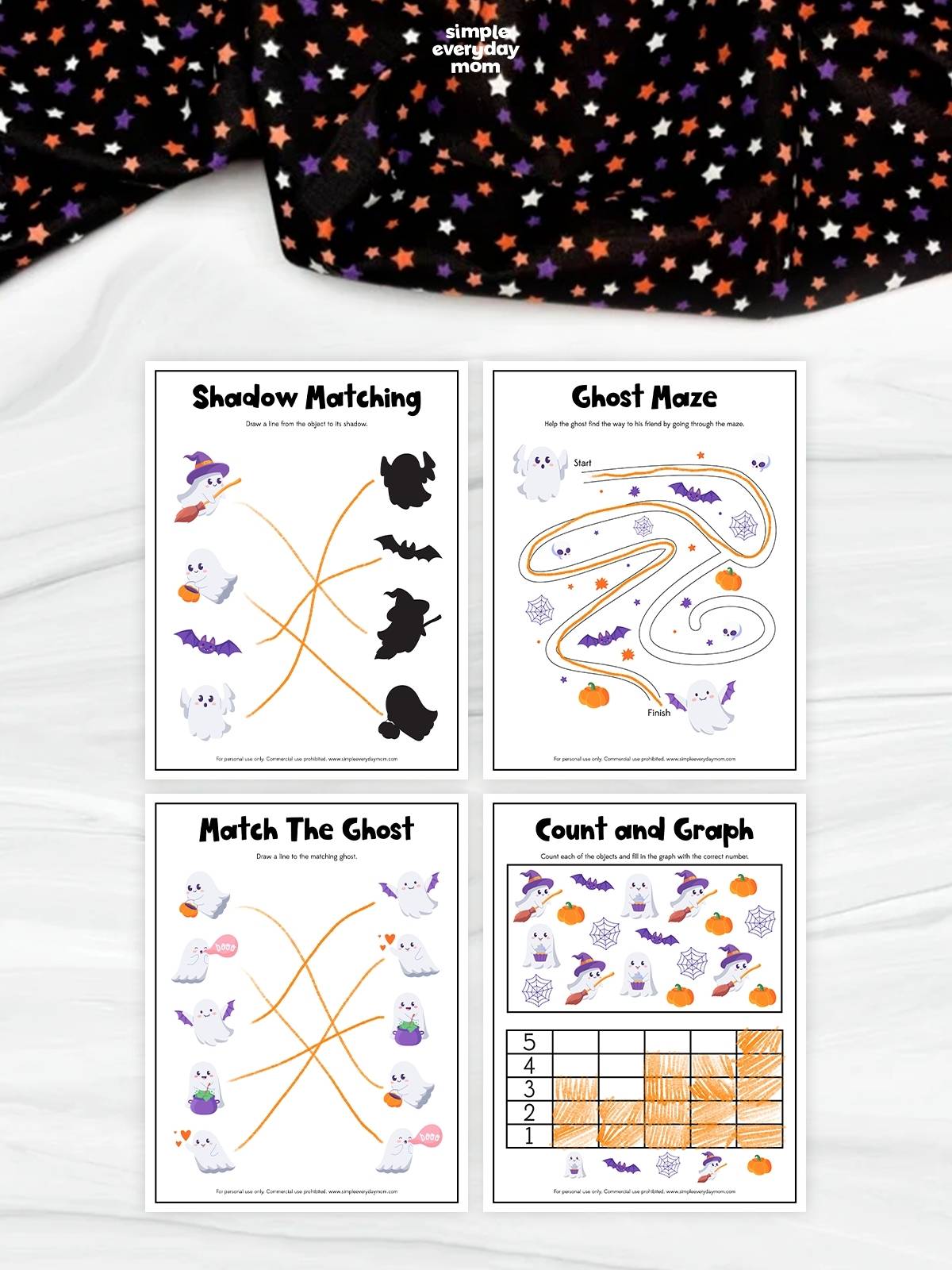 Four printable ghost activity worksheets featuring shadow matching, a Halloween maze, ghost matching, and counting and graphing for kindergarten learning practice.