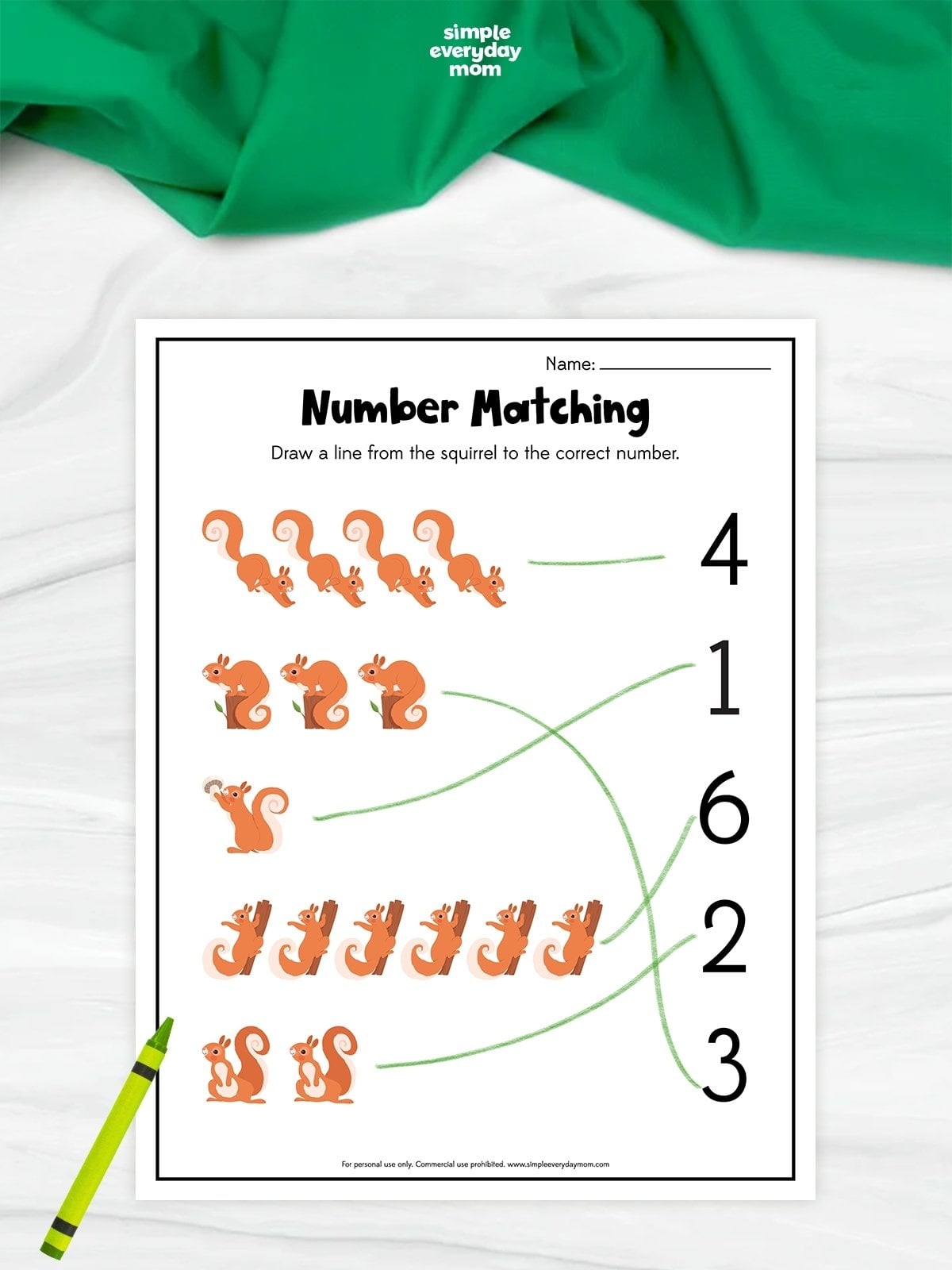Number matching squirrel worksheet for preschoolers with counting practice and a draw-the-line matching activity.