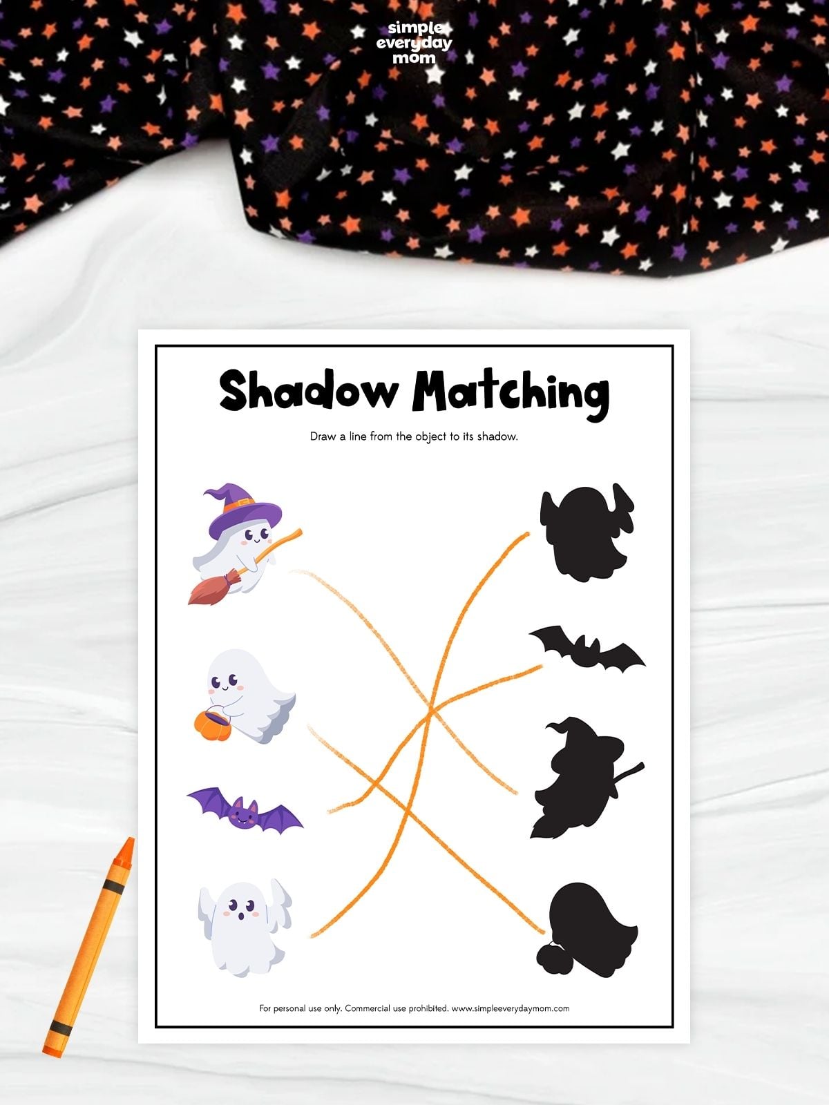 Printable Halloween shadow matching worksheet featuring ghosts, a bat, and a witch for preschool visual discrimination and fine motor practice.