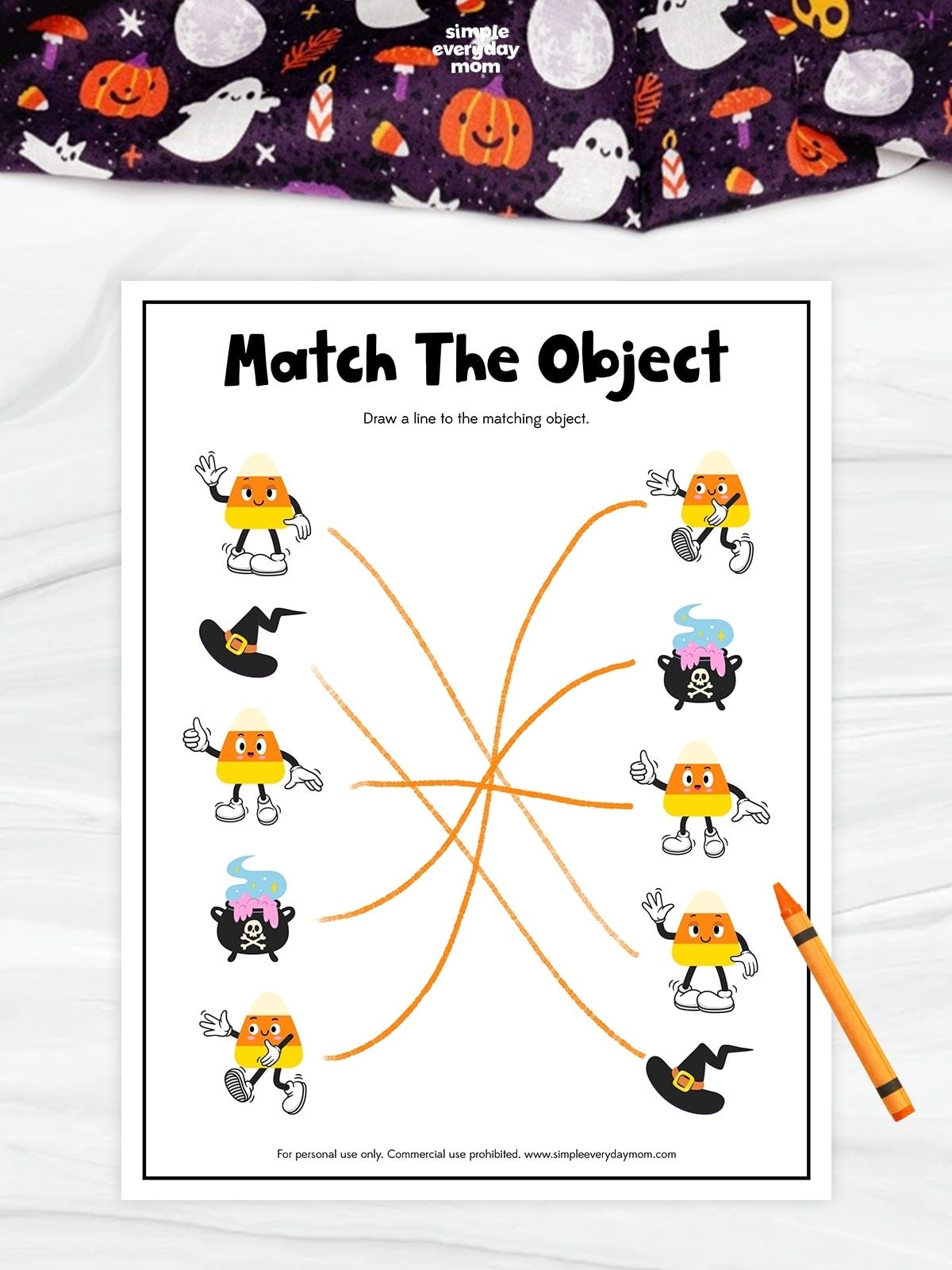 “Match the Object” Halloween worksheet showing candy corn characters, witch hats, and bubbling cauldrons in two columns, with orange lines connecting each matching pair.