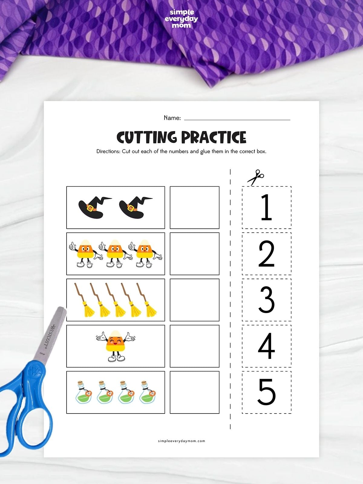 Candy Corn Cutting Practice Printable featuring a Halloween counting activity where preschoolers cut and match numbers 1 through 5.