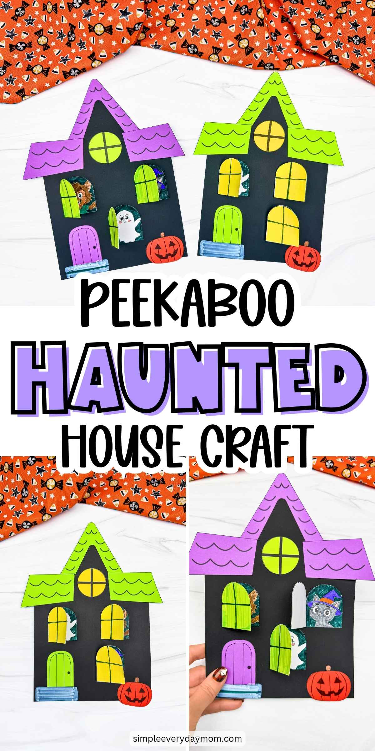 Collage of completed Peekaboo Haunted House Crafts with colorful roofs, opening windows, Halloween characters, doors, and pumpkins.
