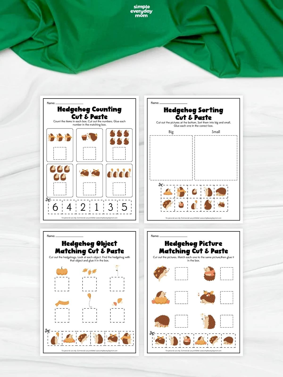 Collage of four printable hedgehog cut and paste worksheets featuring counting, sorting, object matching, and picture matching activities for preschool fine motor practice.