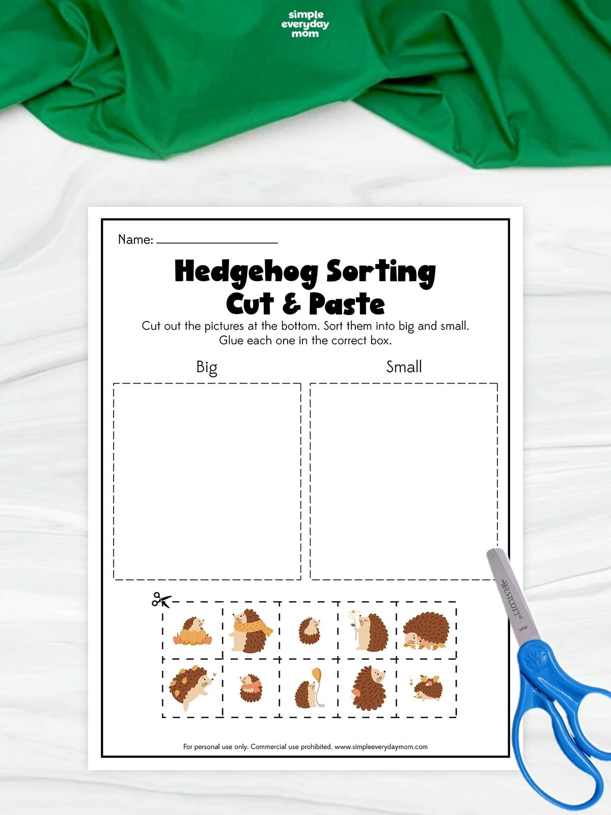 A printable hedgehog sorting cut and paste worksheet with big and small picture categories for preschool size recognition and scissor practice.