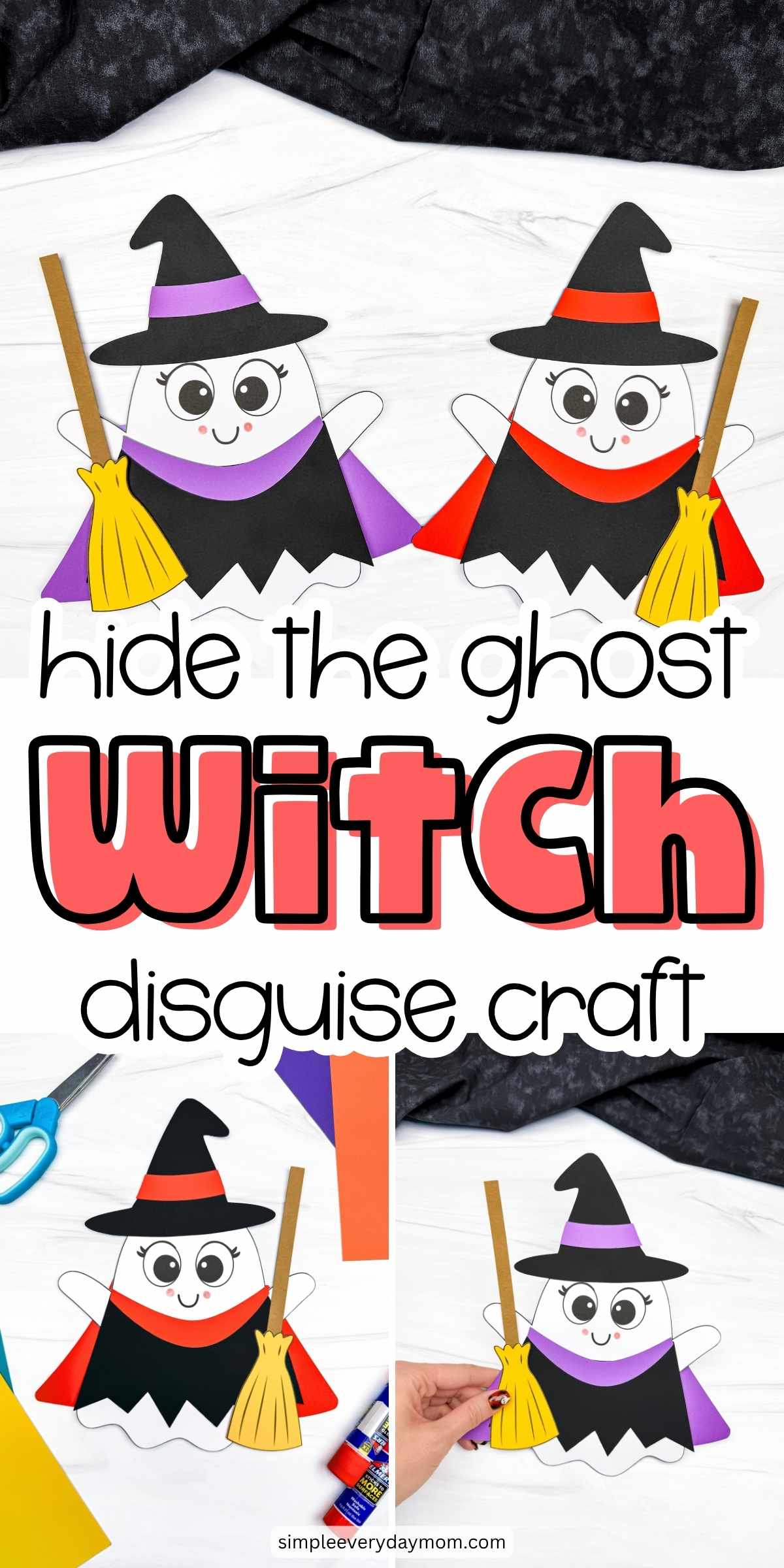 Collage of completed Witch Ghost Disguise crafts featuring colorful witch outfits, hats, and brooms.
