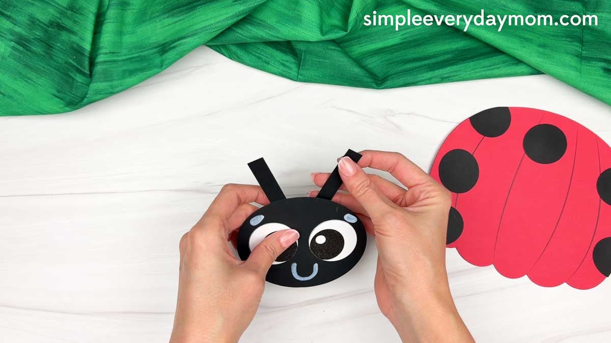 Hands folding the ends of the ladybug antennae beside the spotted pumpkin body.