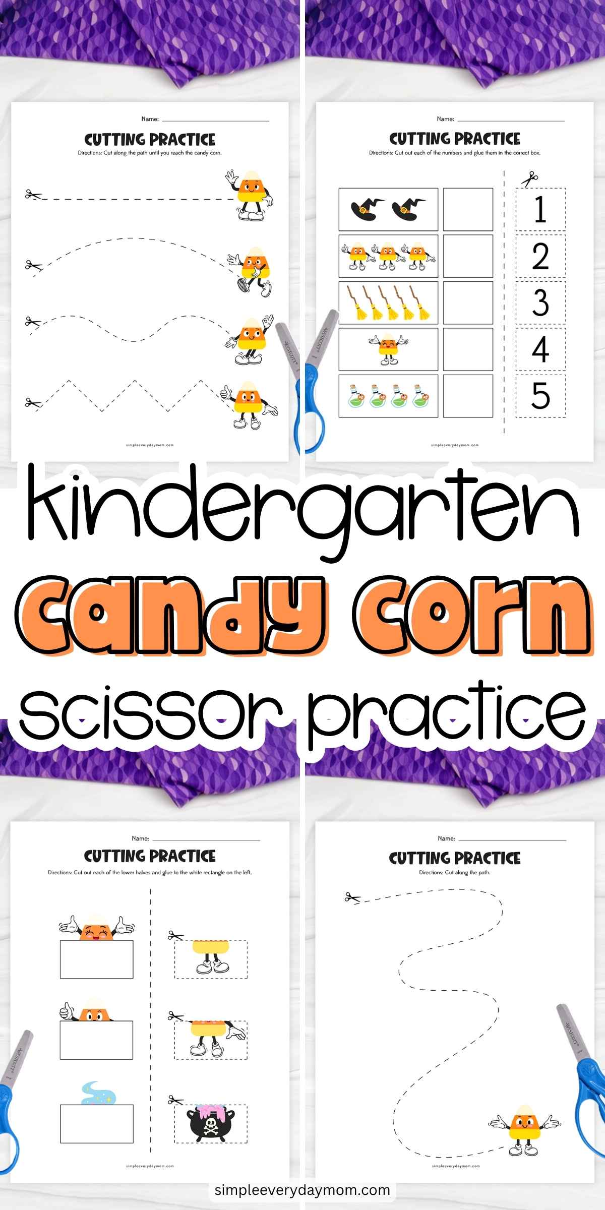 Collage of Candy Corn Cutting Practice Worksheets featuring scissor skills, counting, matching, and cutting paths for kindergarten.
