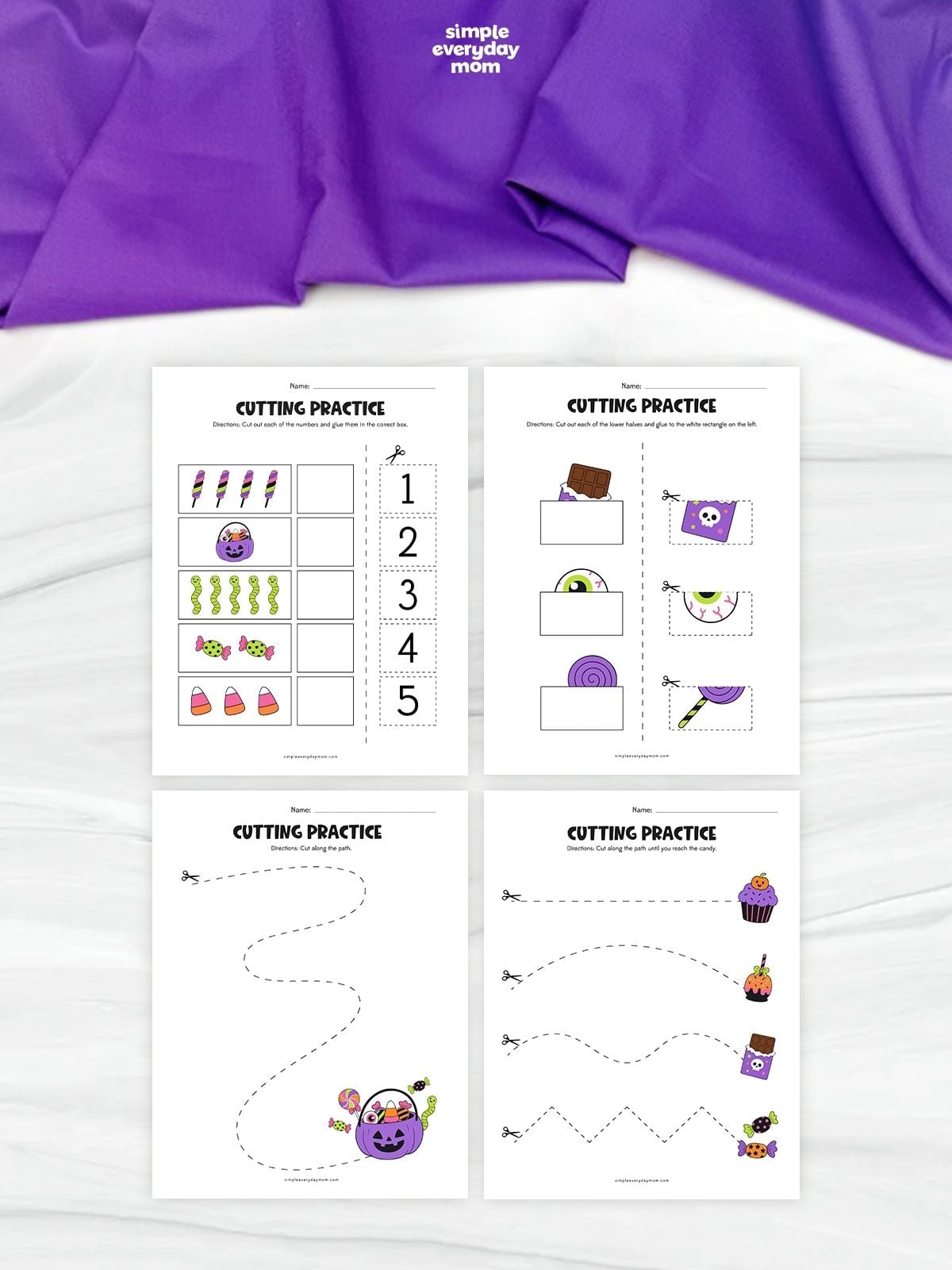 Four Halloween candy-themed cutting practice worksheets featuring number matching, picture completion, and dashed curved, wavy, and zigzag paths for children to cut along.