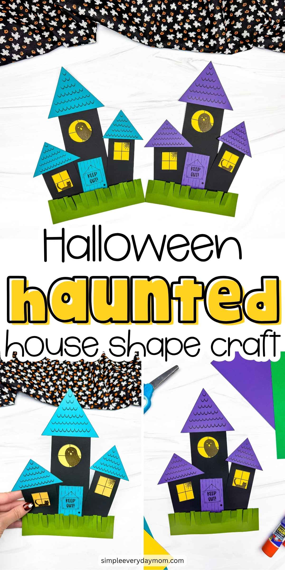 Collage showing completed Halloween haunted house shape crafts made with paper rectangles, triangles, squares, and circles.