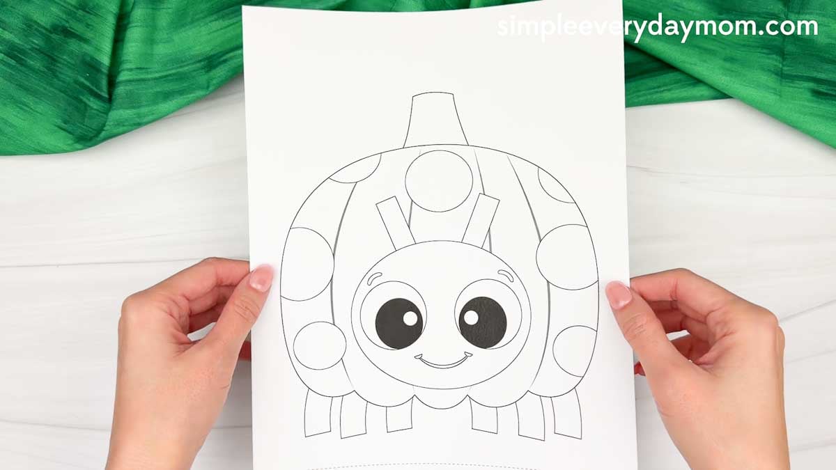 Hands holding a printable ladybug pumpkin craft coloring page featuring a cute ladybug design.