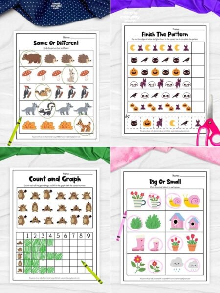 Four printable preschool math worksheets featuring same-or-different woodland animals, a Halloween pattern activity, a groundhog count-and-graph page, and a spring-themed big-or-small activity.