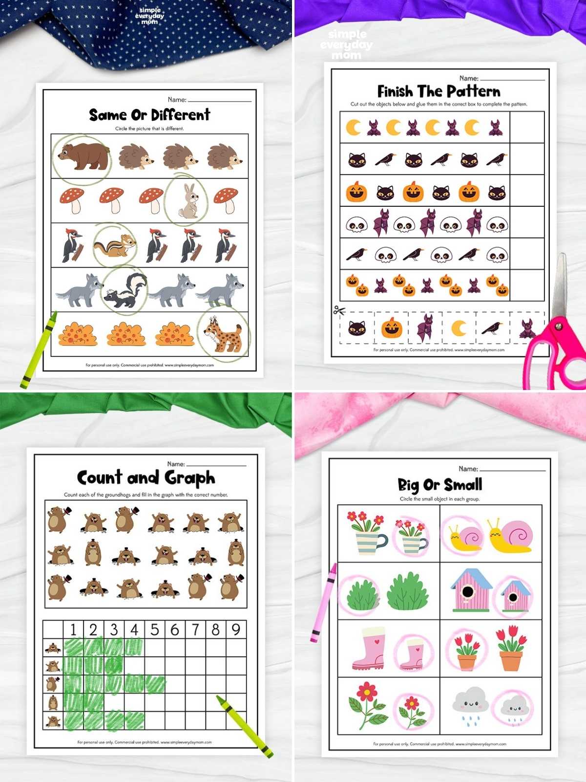 Four printable preschool math worksheets featuring same-or-different woodland animals, a Halloween pattern activity, a groundhog count-and-graph page, and a spring-themed big-or-small activity.