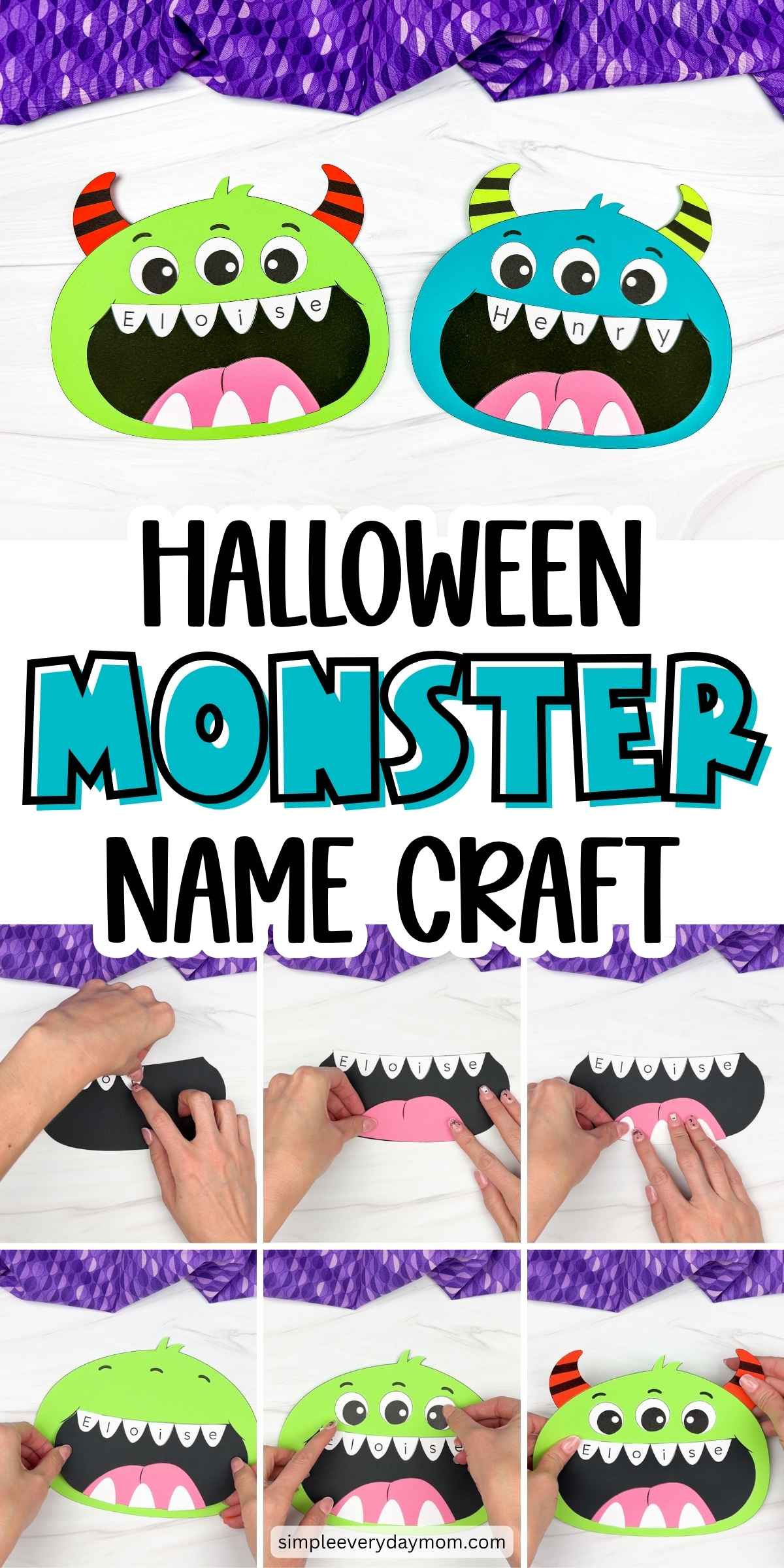 Collage of completed monster name crafts and steps for assembling the mouth, teeth, eyes, and horns.