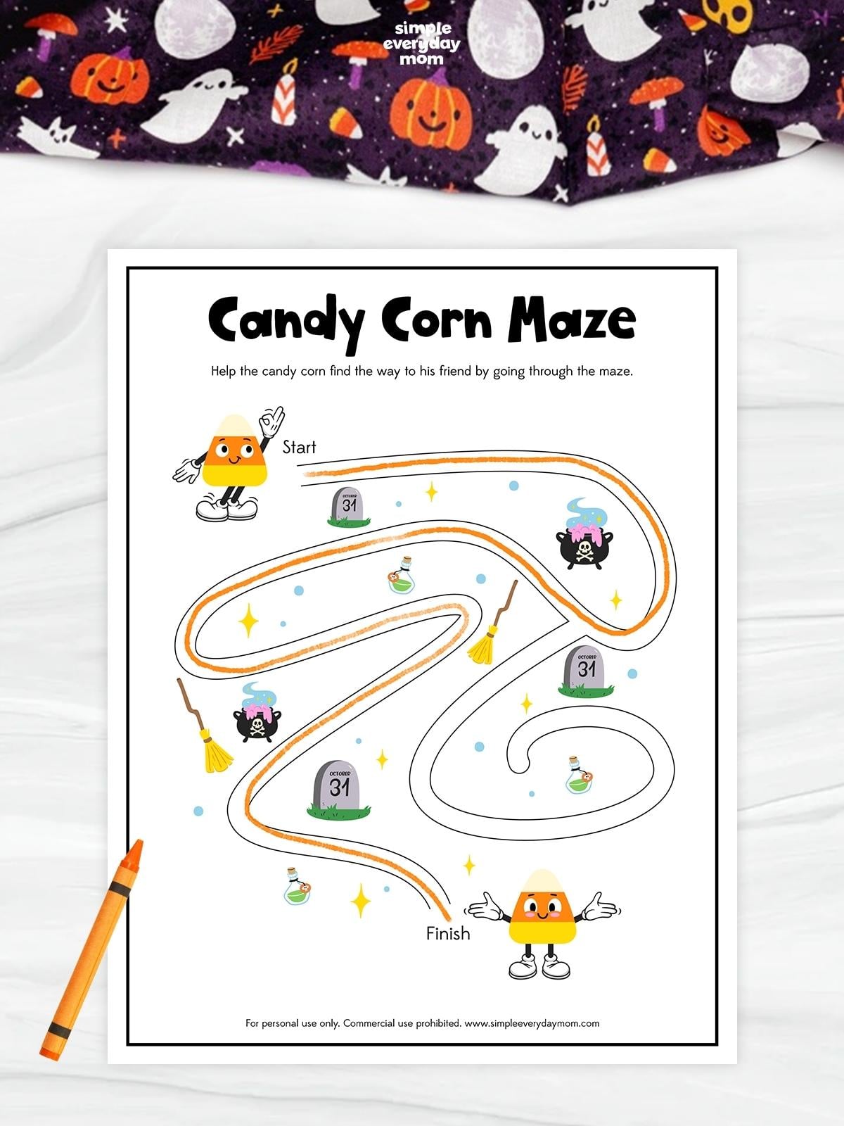 Candy Corn Maze worksheet featuring a smiling candy corn character navigating a Halloween-themed maze with gravestones, cauldrons, brooms, and potion bottles. An orange line traces the completed path from start to finish.