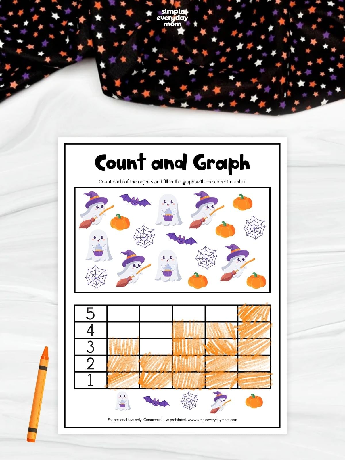 Printable Halloween count and graph worksheet featuring ghosts, bats, spiderwebs, witches, and pumpkins for preschool math practice.