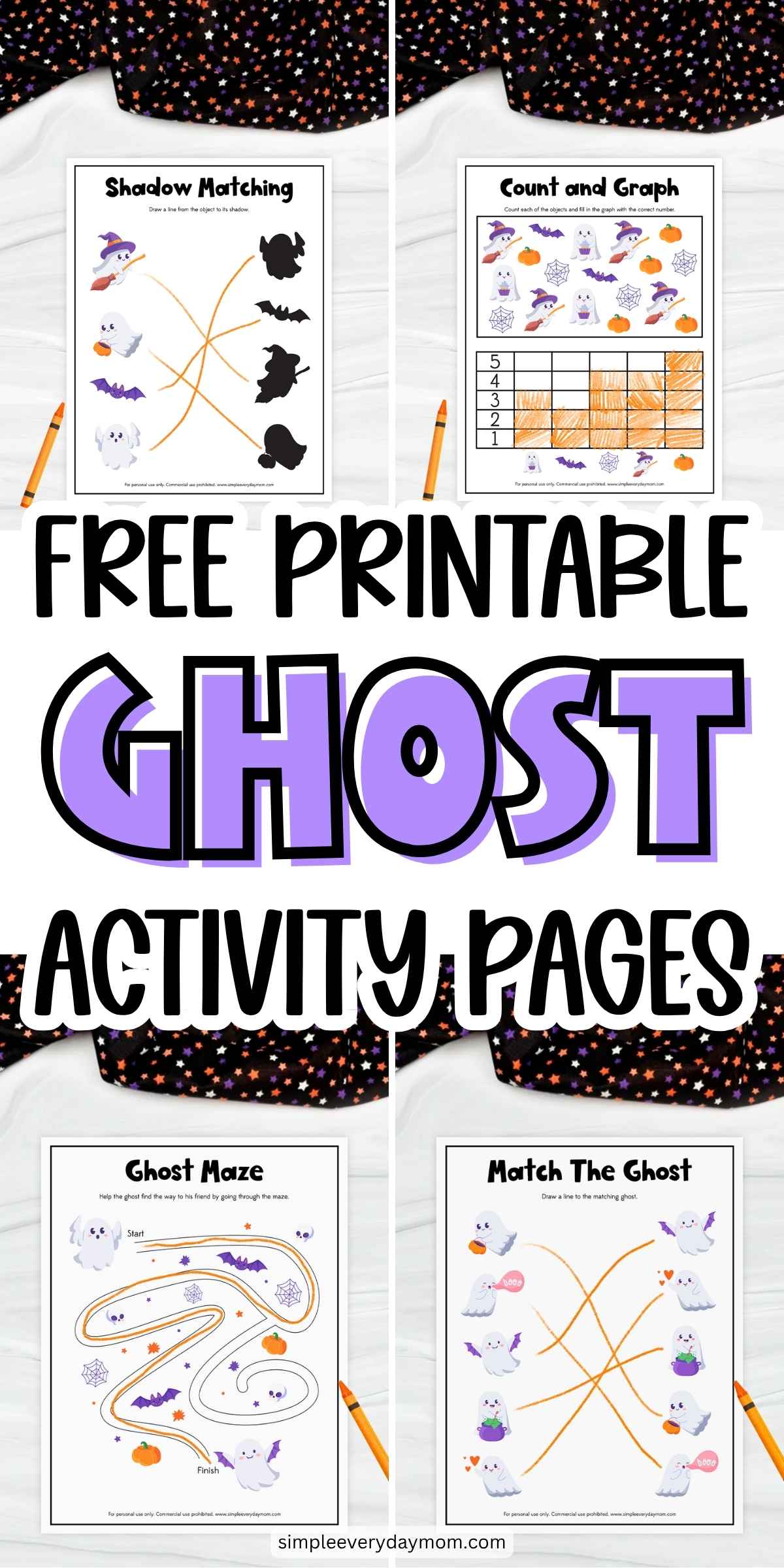 Collage of free printable ghost activity pages featuring shadow matching, counting and graphing, a Halloween maze, and ghost matching worksheets for kids.