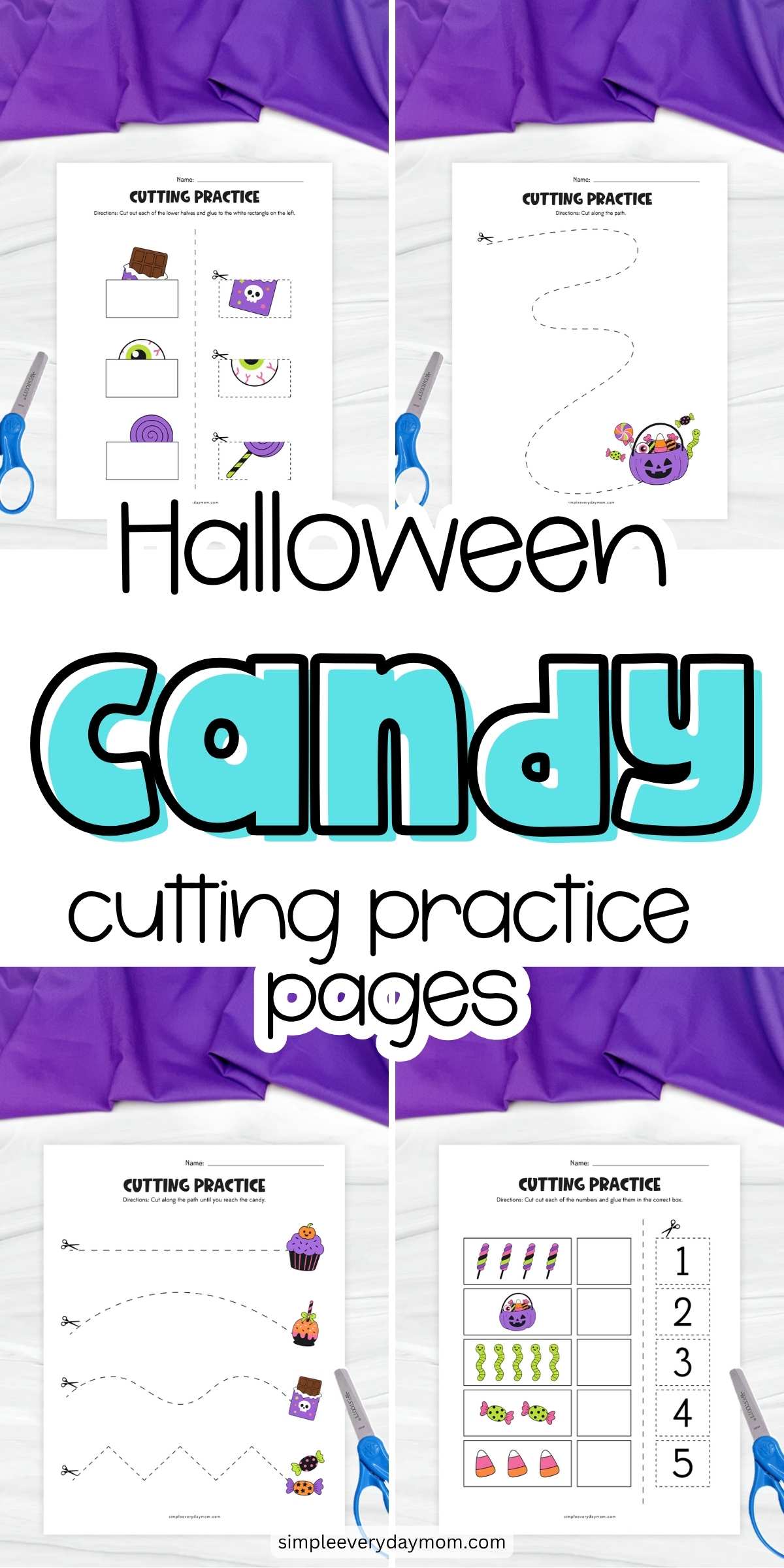 Four Halloween candy-themed cutting practice worksheets featuring matching activities, a curved cutting path, tracing lines to treats, and a number-matching exercise.