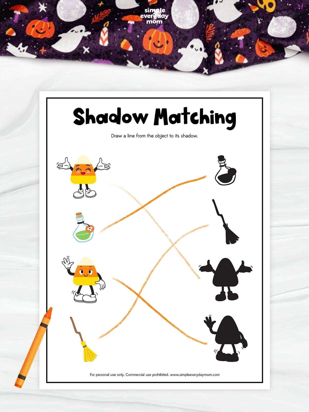 “Shadow Matching” Halloween worksheet showing two candy corn characters, a potion bottle, and a broom connected by orange lines to their matching black silhouettes.