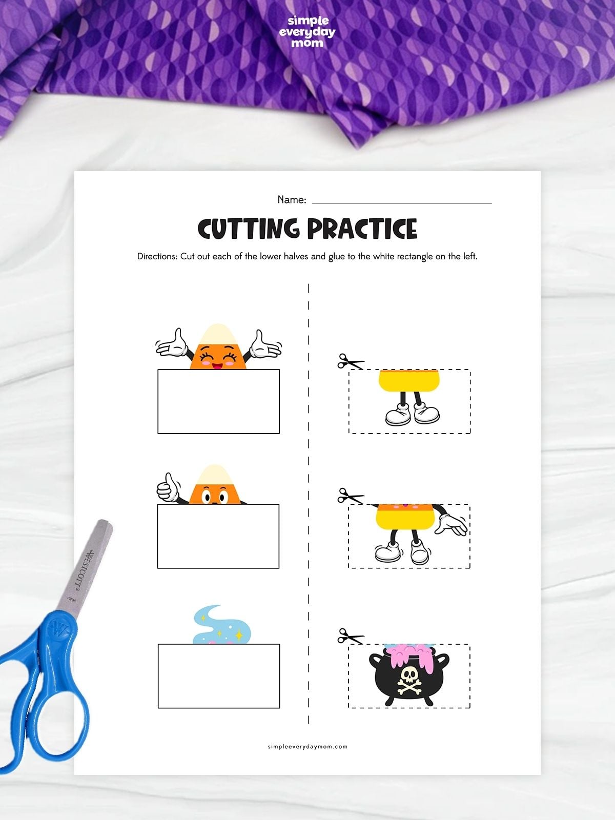 Hands-on Candy Corn Cutting Practice Worksheet where kids cut and match the lower halves of Halloween pictures.