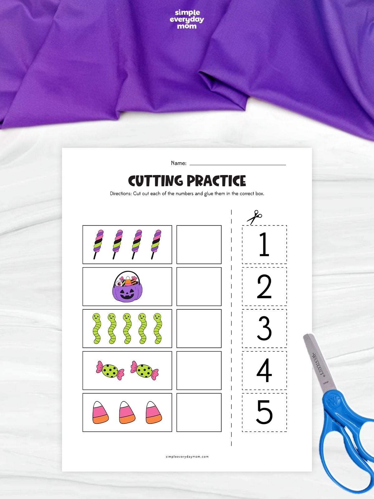 Halloween-themed cutting and counting worksheet where children count groups of candies, then cut out the numbers 1–5 and glue each number beside the matching group.