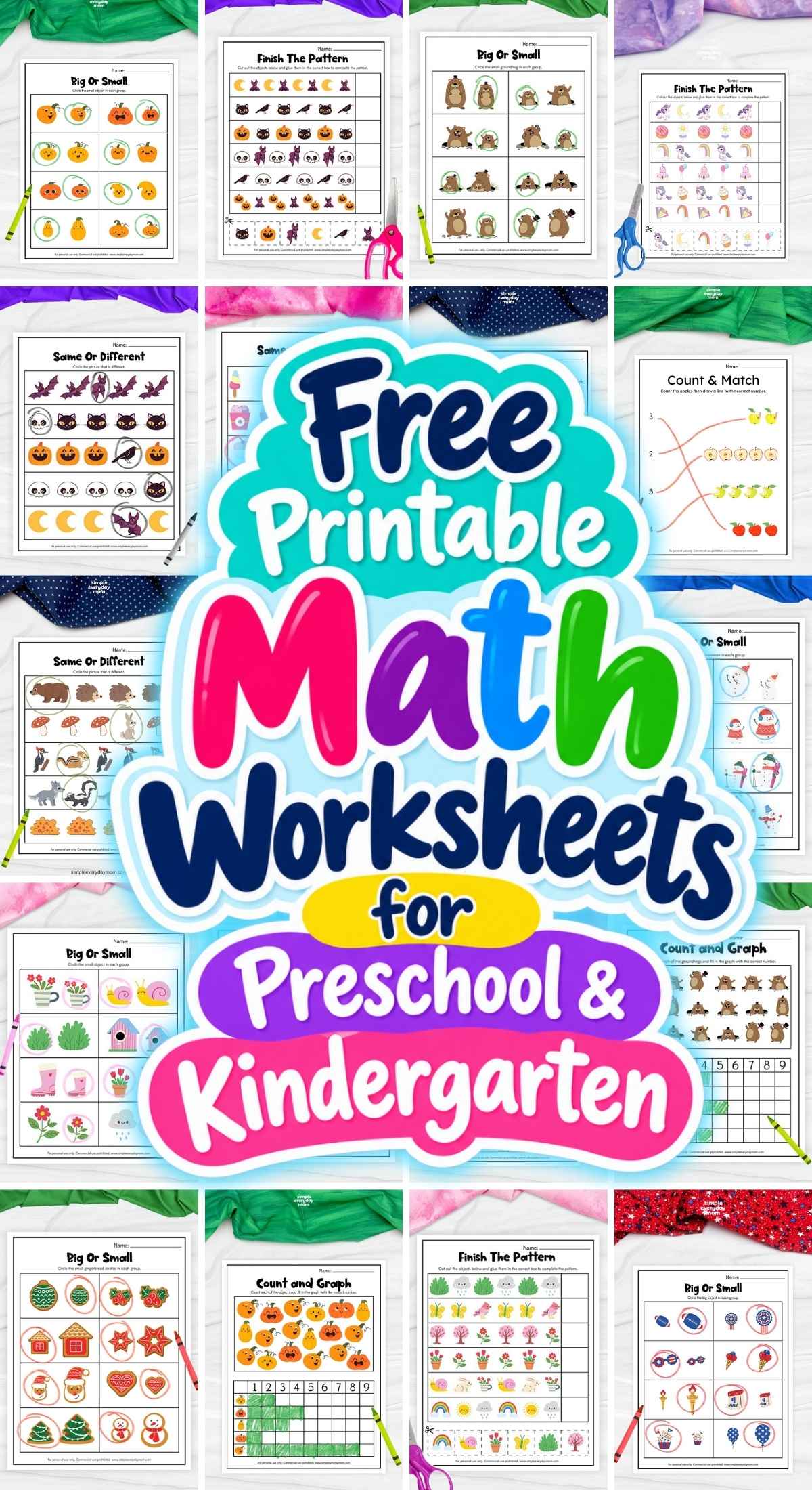 Collage of free printable math worksheets for preschool and kindergarten featuring activities such as big or small, same or different, finish the pattern, count and match, and count and graph.
