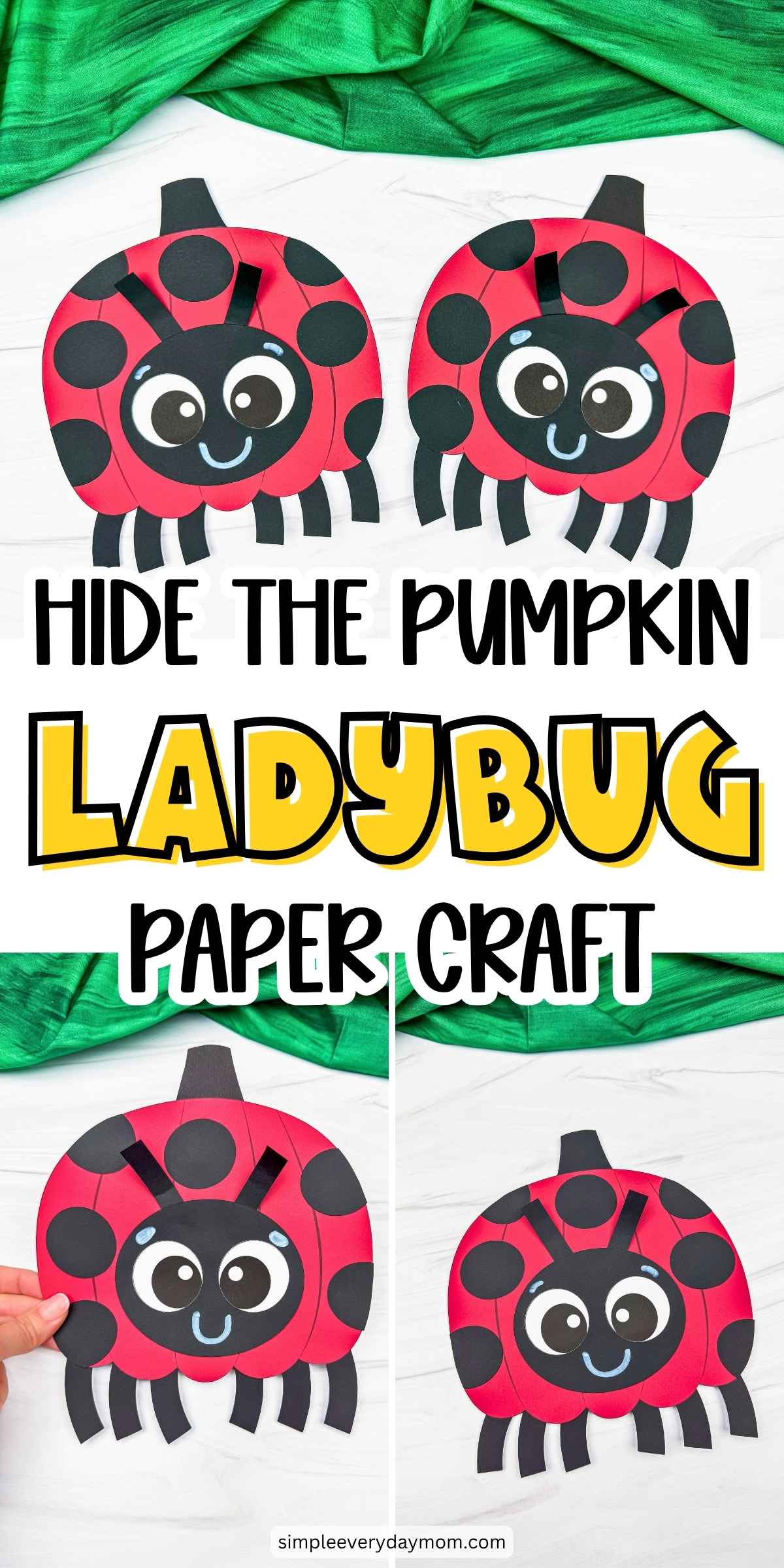 Collage of completed ladybug pumpkin crafts with black spots, smiling faces, antennae, and legs.