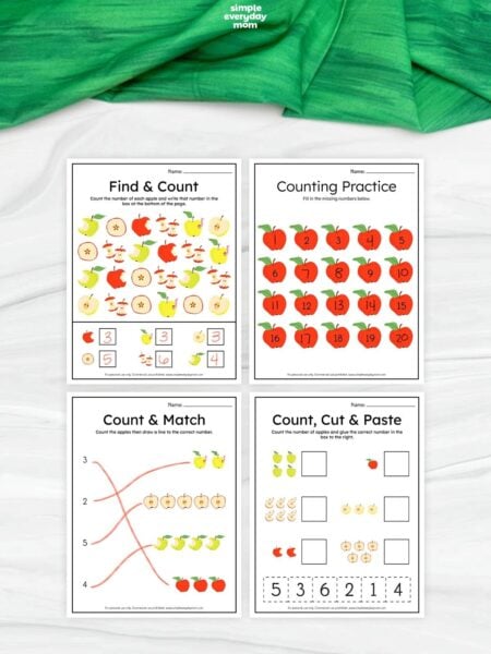 Collage of four printable apple counting worksheets featuring find and count, missing numbers, matching, and cut and paste activities for preschoolers.
