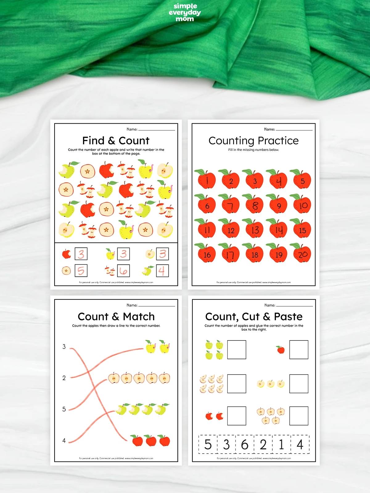 Collage of four printable apple counting worksheets featuring find and count, missing numbers, matching, and cut and paste activities for preschoolers.