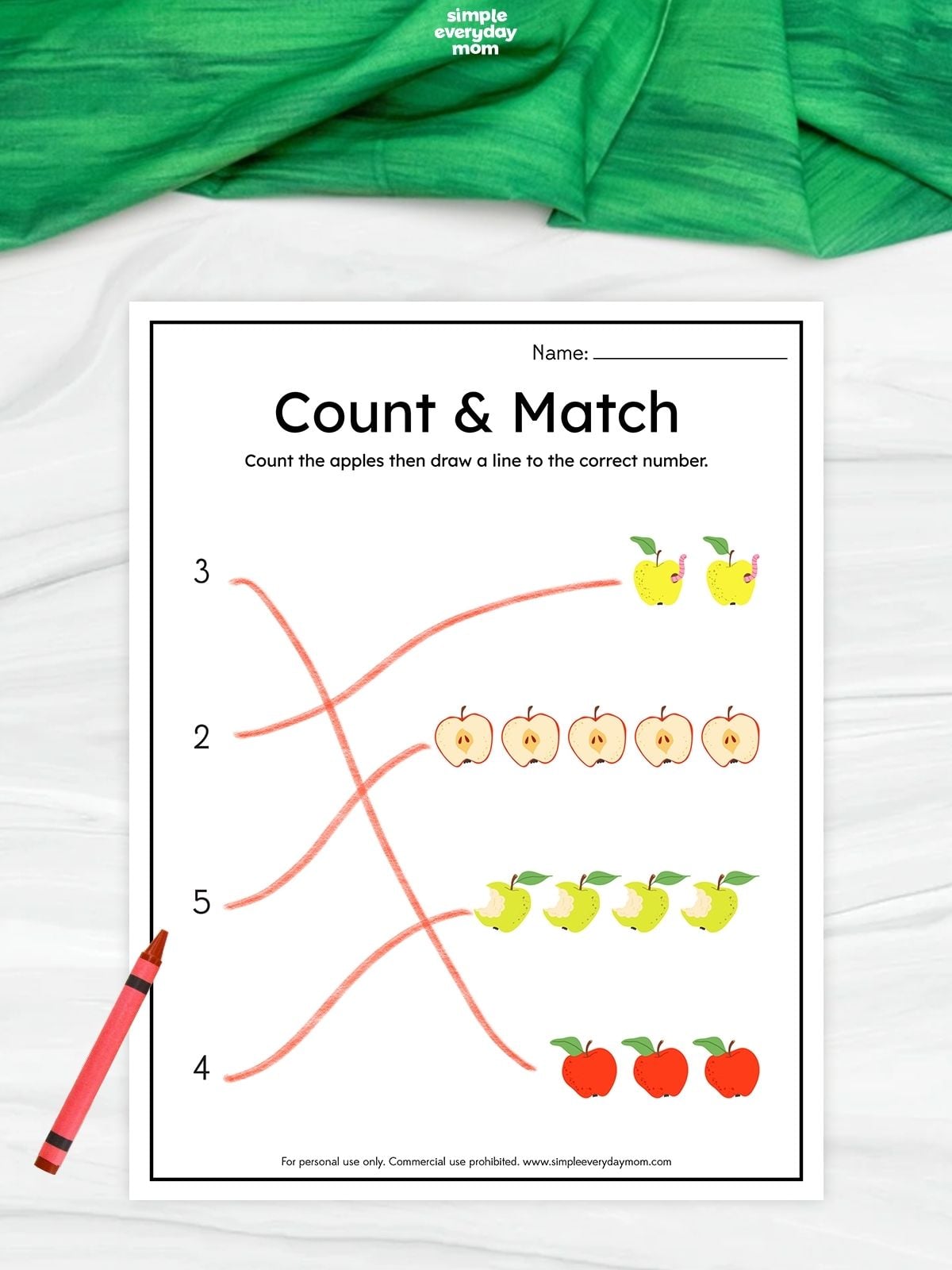 Count and match apple worksheet with groups of apples connected by drawn lines to the correct numbers for preschool counting practice.