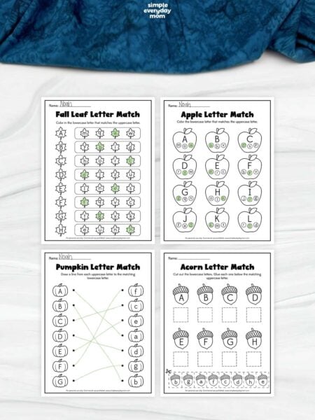 Four fall-themed alphabet worksheets featuring leaf, apple, pumpkin, and acorn activities for matching uppercase letters A–L with their lowercase counterparts.