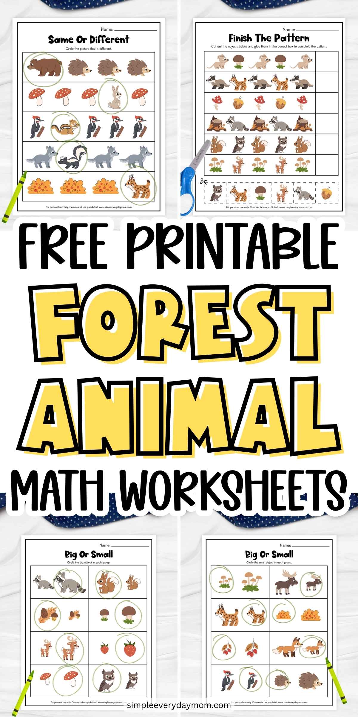 Free printable forest animal math worksheets featuring same-or-different, pattern completion, and big-or-small activities with woodland animals and nature objects.