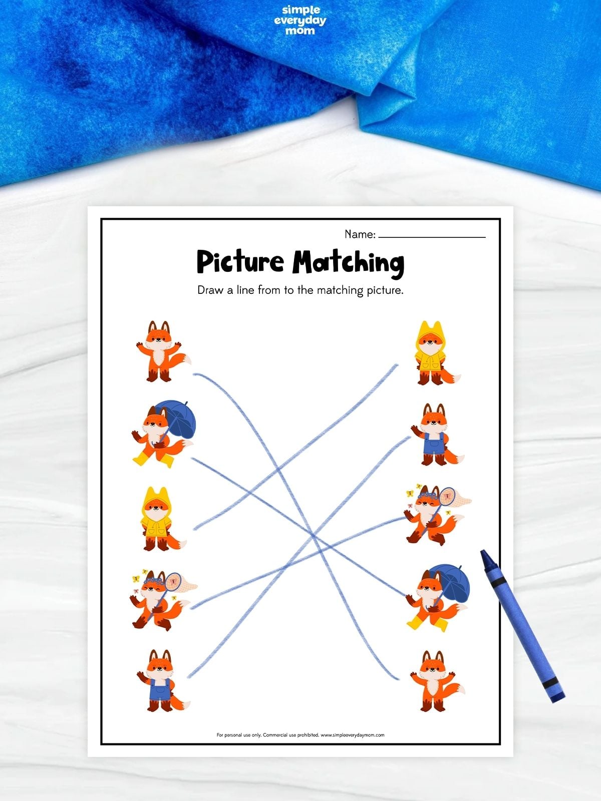 Fox-themed picture matching worksheet with five fox illustrations in different outfits and poses, connected by lines to their identical matches.