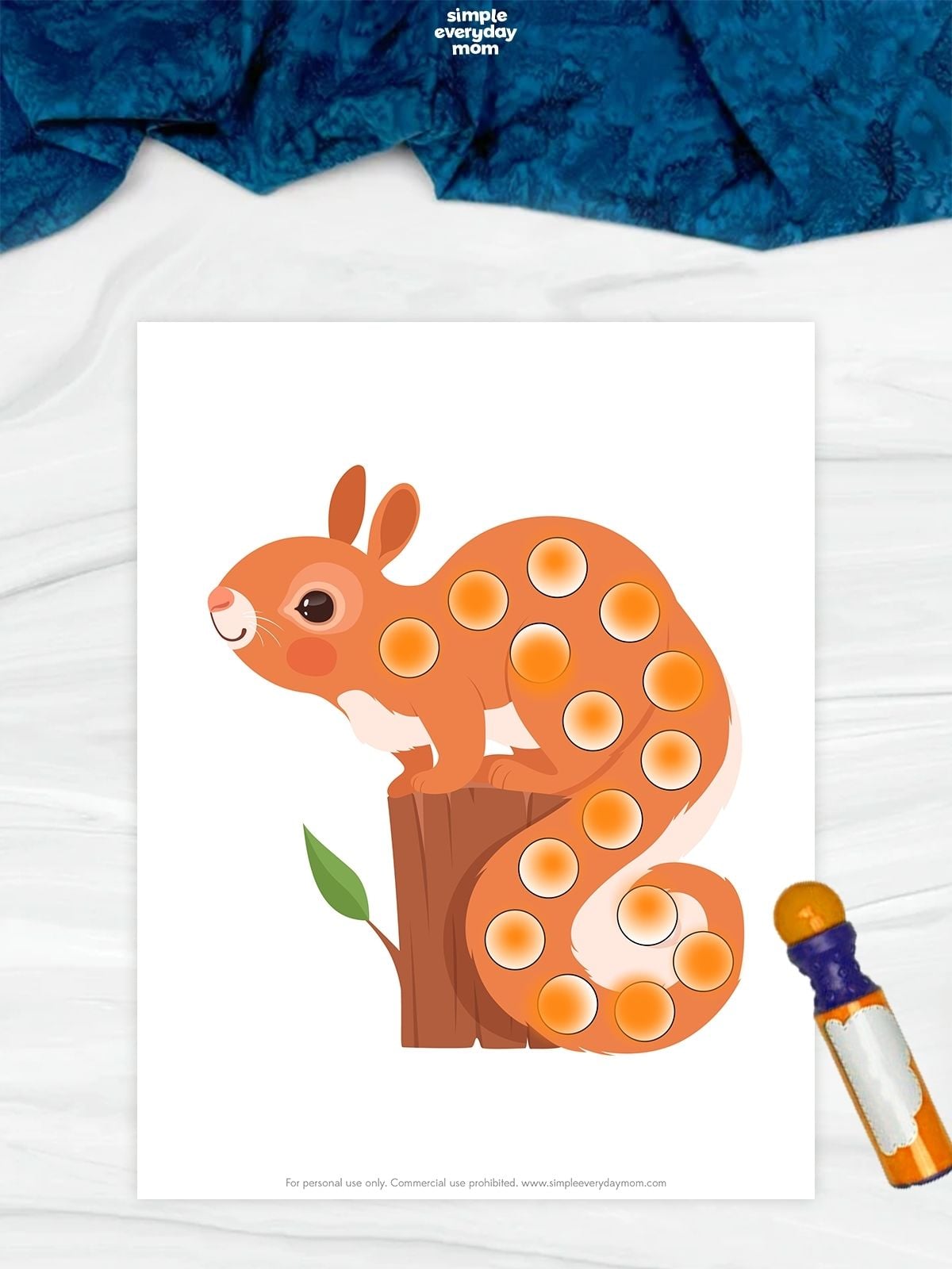 Illustration of an orange squirrel perched on a tree stump, with circular dot-marker spaces covering its body and curled tail.