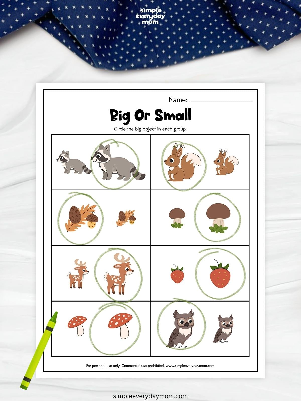 Woodland-themed big-or-small worksheet with pairs of forest animals and nature objects, with the larger item in each pair circled in green.