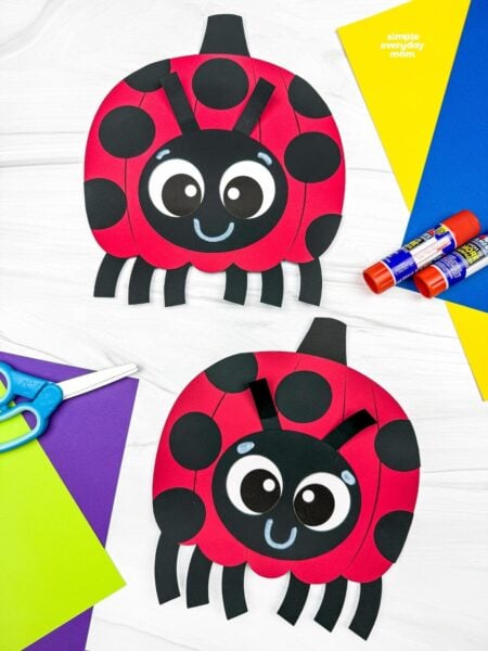 Side by side completed ladybug pumpkin crafts with black spots, smiling faces, antennae, and six legs.