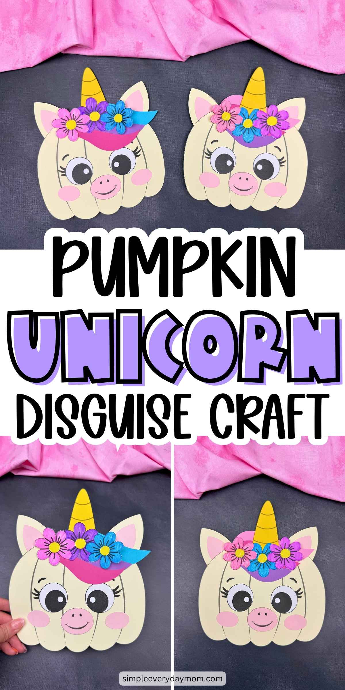 Collage of completed unicorn pumpkin crafts decorated with horns, ears, colorful manes, and flowers.