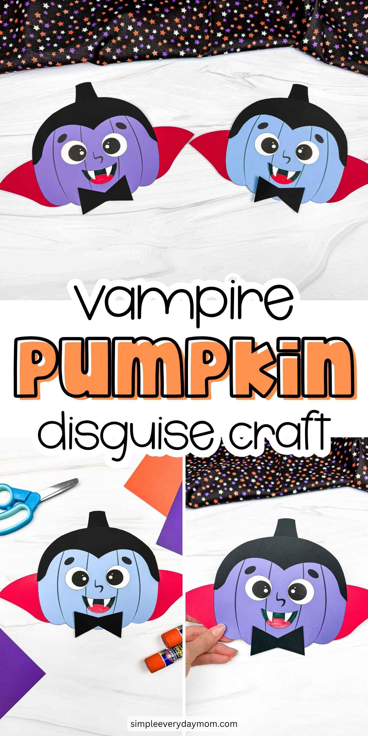 Collage of completed vampire pumpkin disguise crafts with capes, fangs, and bow ties.