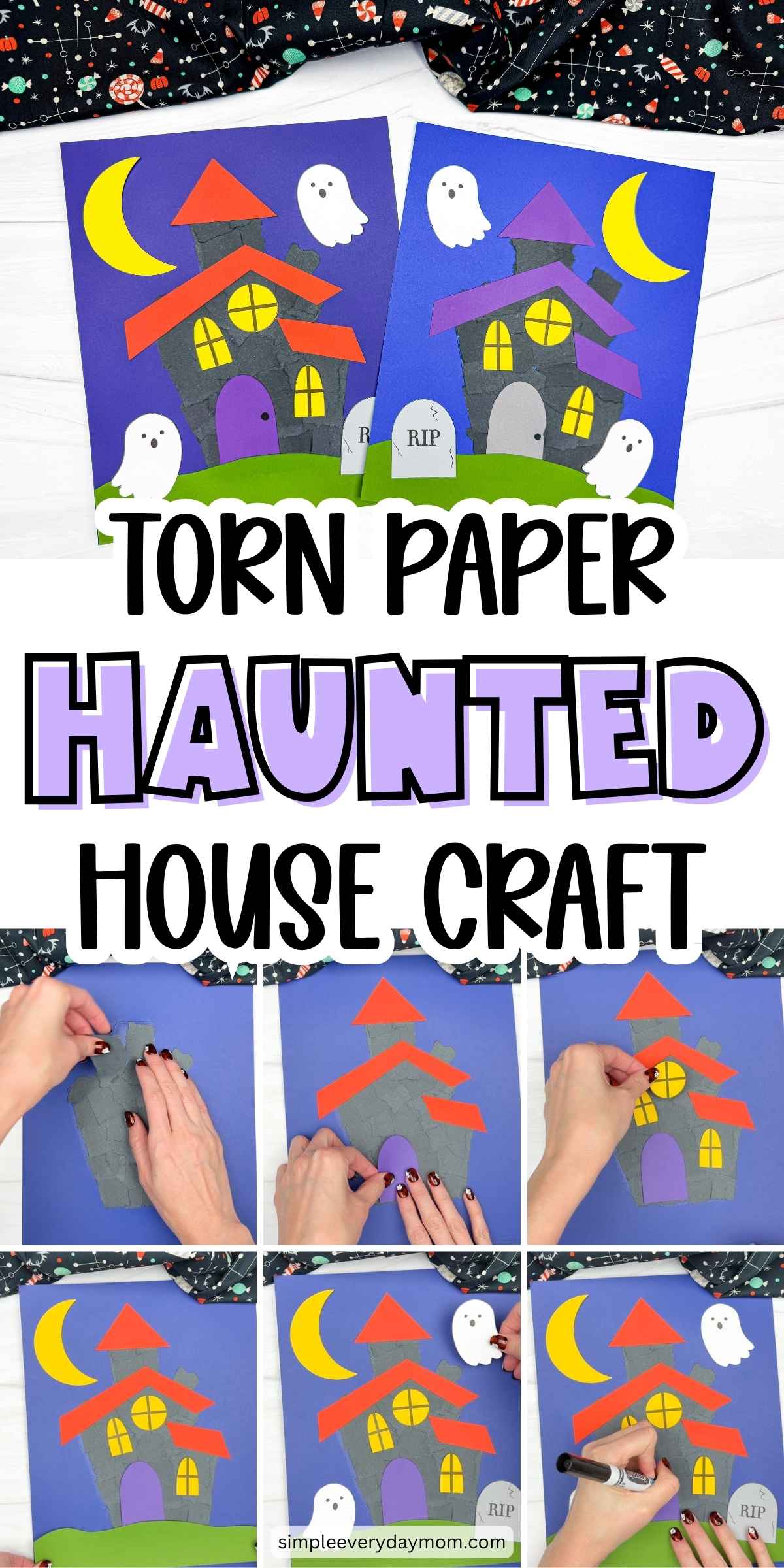 Collage showing completed torn paper haunted house crafts and step-by-step photos of the Halloween activity.
