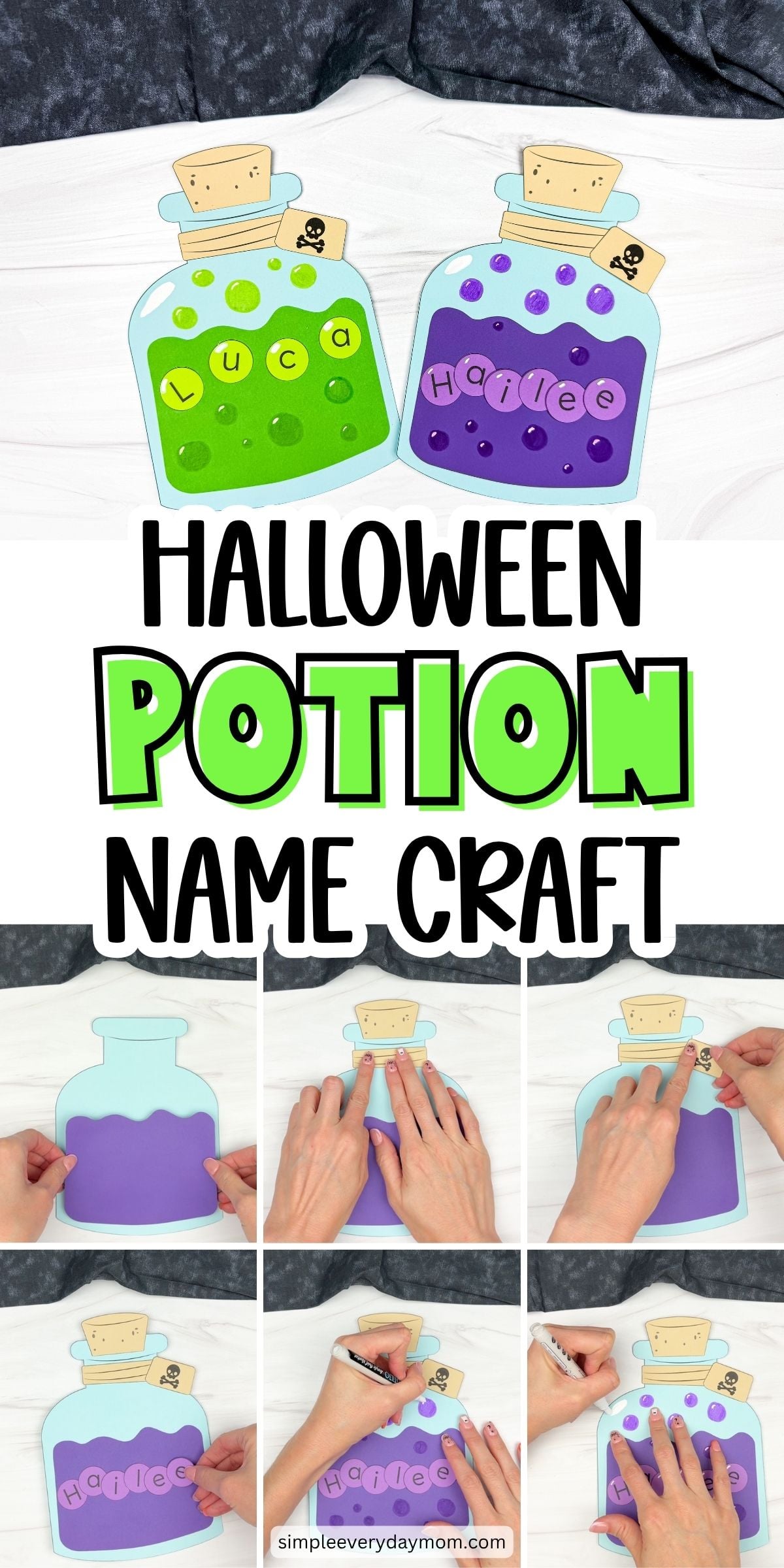 Collage of Halloween potion name craft steps with completed potion bottles, letter bubbles, corks, and skull tags.