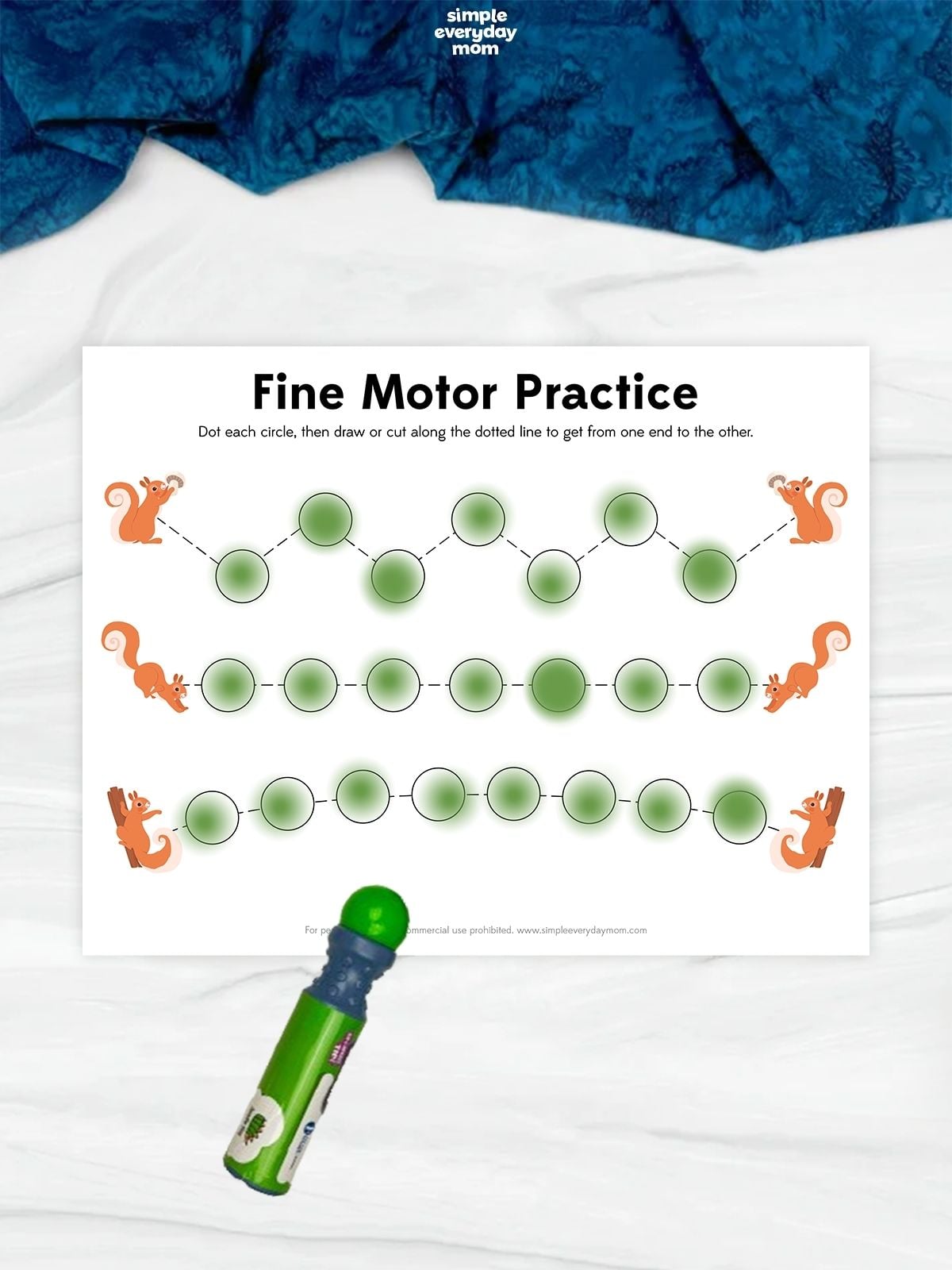 Squirrel-themed fine motor practice worksheet with three dotted paths of circles for dot-marker practice, tracing, or cutting between squirrel illustrations.