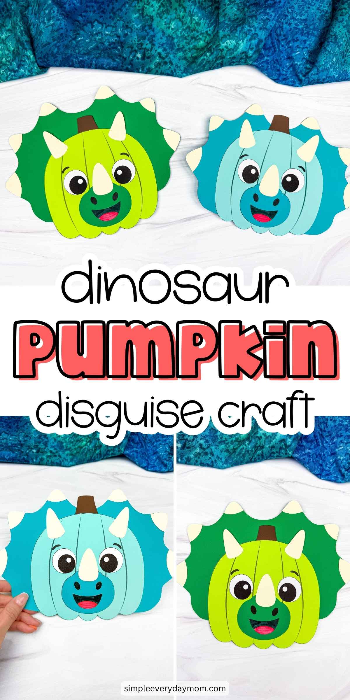 Collage showing colorful completed dinosaur pumpkin disguise crafts for a fun Halloween activity.