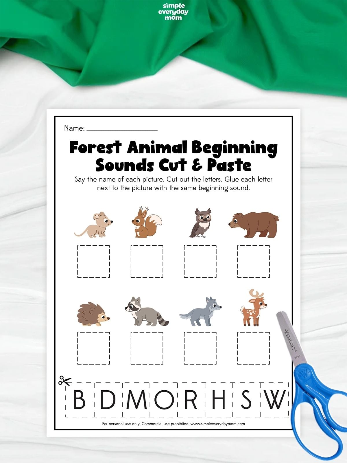 Forest animal beginning-sounds cut-and-paste worksheet featuring eight animals with boxes for matching the letters B, D, M, O, R, H, S, and W to each animal’s beginning sound.